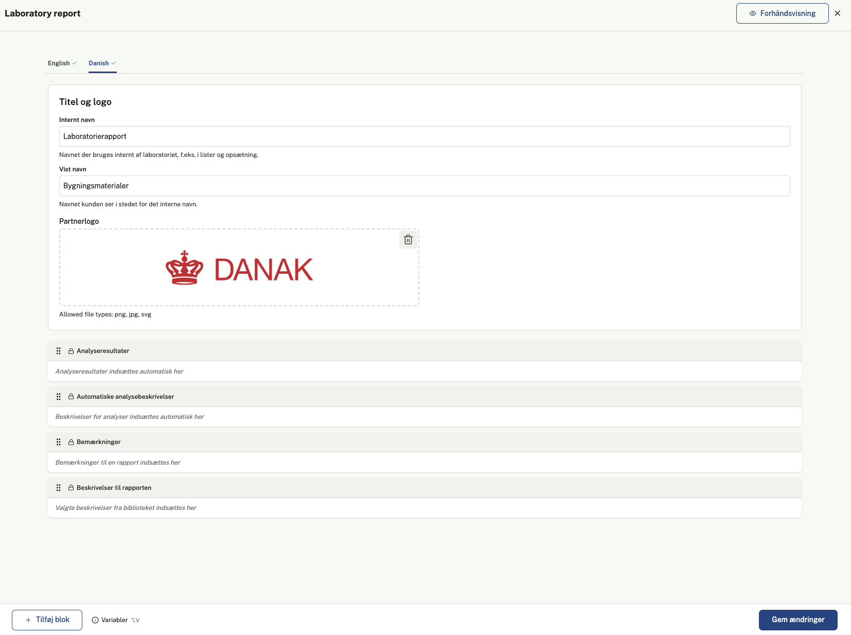The report template editor in Milva Lab, with the logo and partner logo fields filled in using an example accreditation partner.